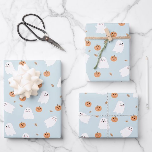 Niedliches Ghost & Pumpkin Blue Halloween-Muster Geschenkpapier Set (Vorderseite)