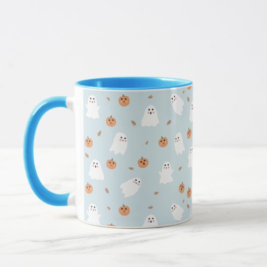 Niedliches Ghost & Pumpkin Blue Halloween-Muster Tasse (Links)