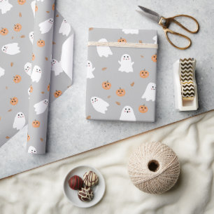 Niedliches Ghost & Pumpkin Graues Halloween-Muster Geschenkpapier