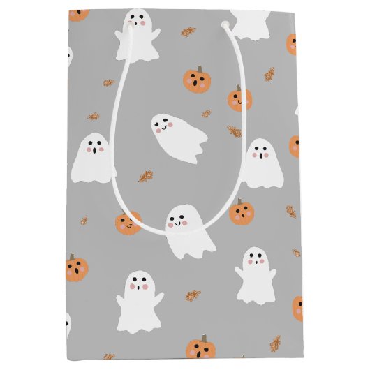 Niedliches Ghost & Pumpkin Graues Halloween-Muster Mittlere Geschenktüte (Vorderseite)