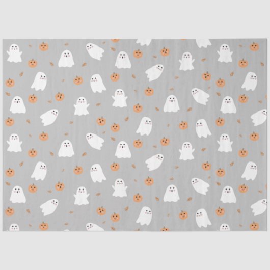 Niedliches Ghost & Pumpkin Graues Halloween-Muster Seidenpapier (Vorderseite)