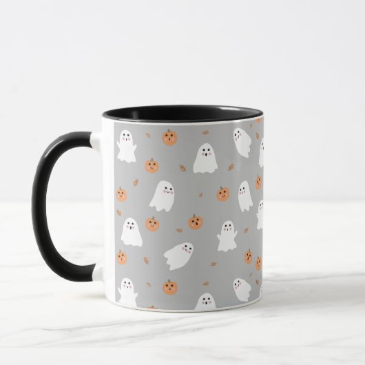Niedliches Ghost & Pumpkin Graues Halloween-Muster Tasse (Links)