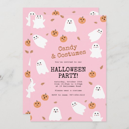 Niedliches Ghost & Pumpkin Pink Halloween-Party Einladung (Vorne/Hinten)