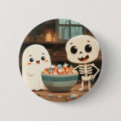 Niedliches Ghost & Skelett mit Candy Bowl - Schalt Button (Vorderseite)