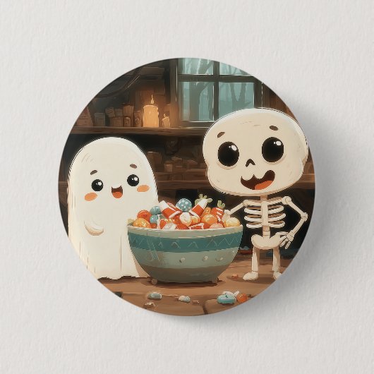 Niedliches Ghost & Skelett mit Candy Bowl - Schalt Button (Vorderseite)