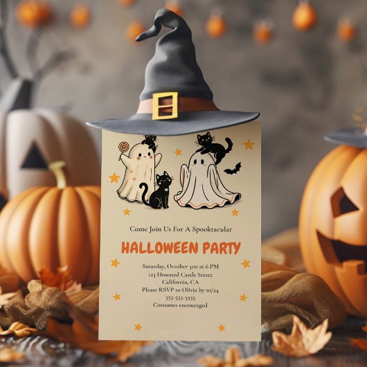 Niedliches Ghost- und Black Cat-Halloween-Party Einladung