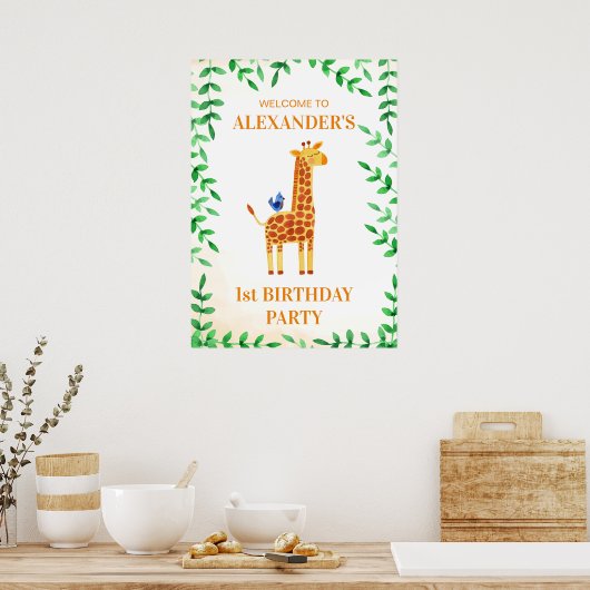 niedliches Giraffe & Bird Whimsical Party zum 1. G Poster (Küche)