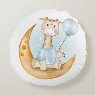 NIEDLICHES GIRAFFE MIT BLAUEM BALLOON AUF DEM Mond Rundes Kissen
