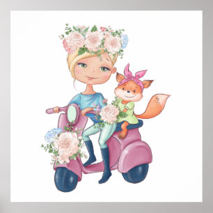 Niedliches Girl auf Motor Scooter mit Little Fox P Poster