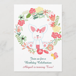 Niedliches Girl Bunny und Blume Wreath Geburtstag Einladung