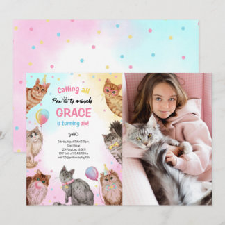 Niedliches Girl Cat Pawty Animals Geburtstags-Foto Einladung