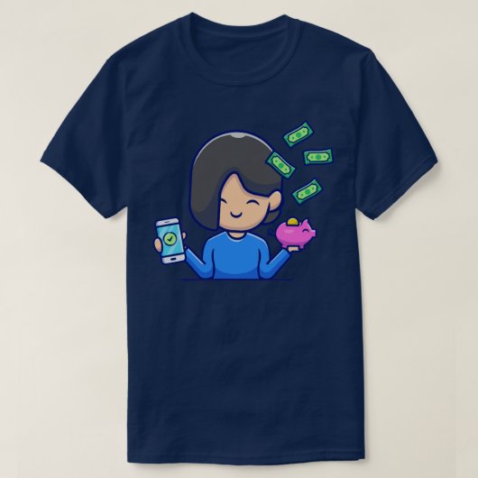 Niedliches Girl Holding Telefon und Piggy Bank mit T-Shirt (Design vorne)