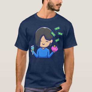 Niedliches Girl Holding Telefon und Piggy Bank mit T-Shirt
