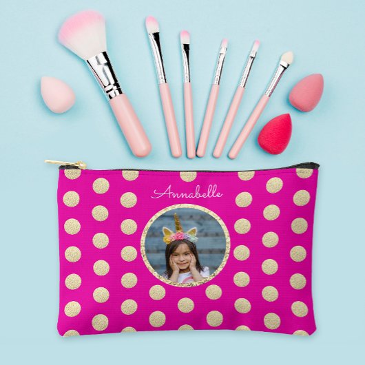Niedliches Girl Hot Pink Gold Glitzer Foto und Nam Zubehörtasche