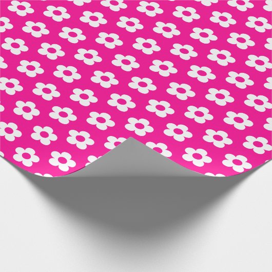 Niedliches Girl Hot Pink Weißer Cartoon Blumenmust Geschenkpapier (Ecke)