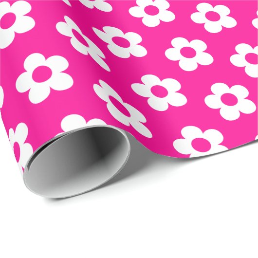 Niedliches Girl Hot Pink Weißer Cartoon Blumenmust Geschenkpapier (Rolleneckpunkt)