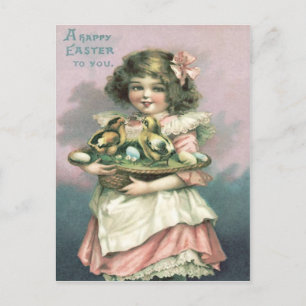 Niedliches Girl Oaster Basket Chick Kolored Egg Feiertagspostkarte
