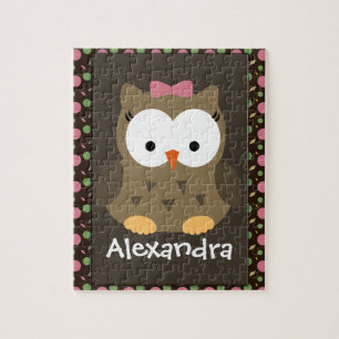 Niedliches Girl-Owl, rosa/grün/braun Puzzle