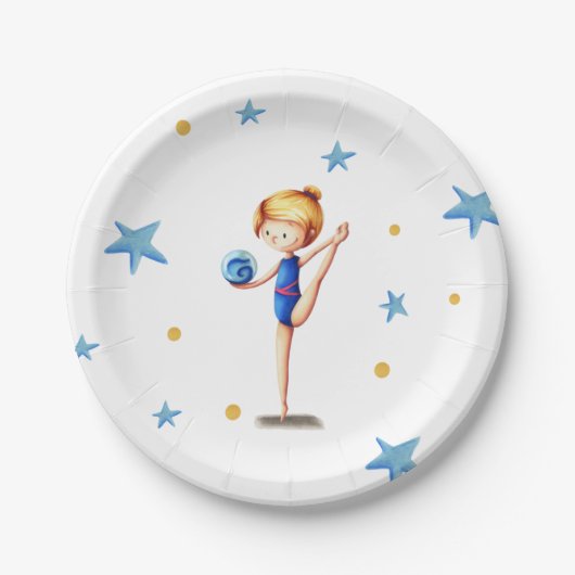 Niedliches Girl Rhythmic Gymnast mit Blue Ball Pappteller (Vorderseite)