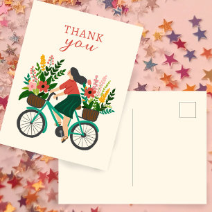 Niedliches Girl Riding Fahrrad mit Blume DANK Postkarte