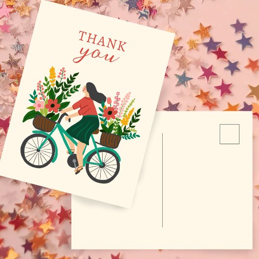 Niedliches Girl Riding Fahrrad mit Blume DANK Postkarte