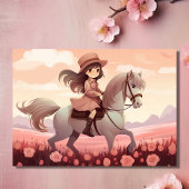 Niedliches Girl Riding Pferd und Rosa Blume Geburt Einladung