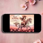 Niedliches Girl Riding Pferd und Rosa Blume Geburt Einladung