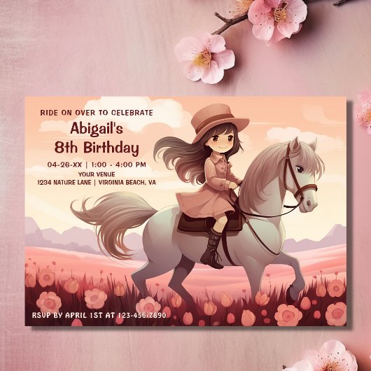 Niedliches Girl Riding Pferd und Rosa Blume Geburt Einladung
