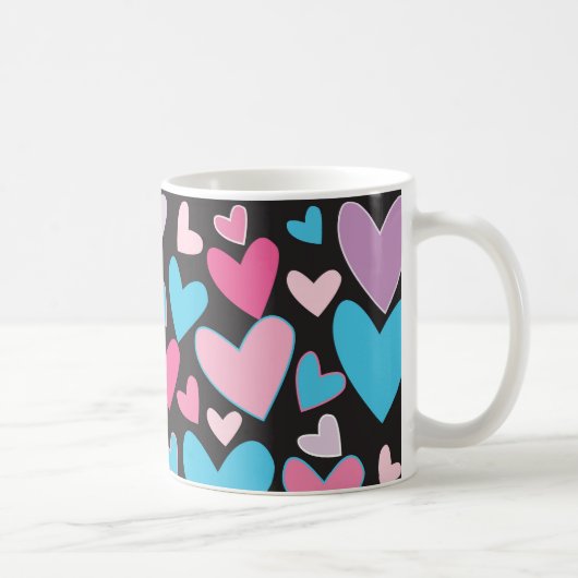 Niedliches Girly Blue Pink & Lila Hearts Muster Kaffeetasse (Rechts)