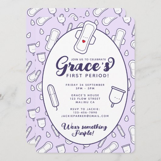 Niedliches Girly Lila Menstrual Pad Erstes Party Einladung (Vorne/Hinten)