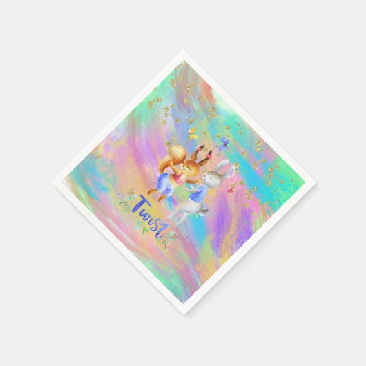 Niedliches Girly Pink Lila Blue Forest Animals Par Serviette (Ecke)