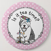Niedliches Girly Tea Party Altes Englisch Sheepdog Button (Vorderseite)