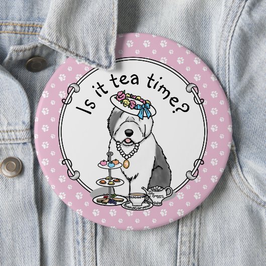 Niedliches Girly Tea Party Altes Englisch Sheepdog Button (Beispiel)