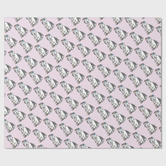 Niedliches Girly Tea Party Altes Englisch Sheepdog Geschenkpapier (Flach)