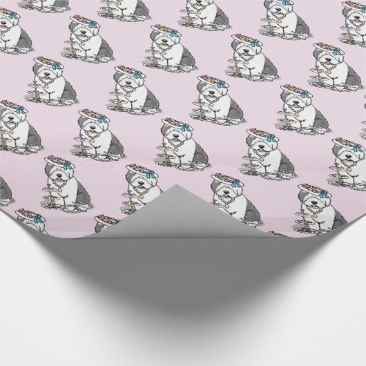 Niedliches Girly Tea Party Altes Englisch Sheepdog Geschenkpapier (Ecke)