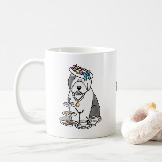 Niedliches Girly Tea Party Altes Englisch Sheepdog Kaffeetasse (Mit Donut)