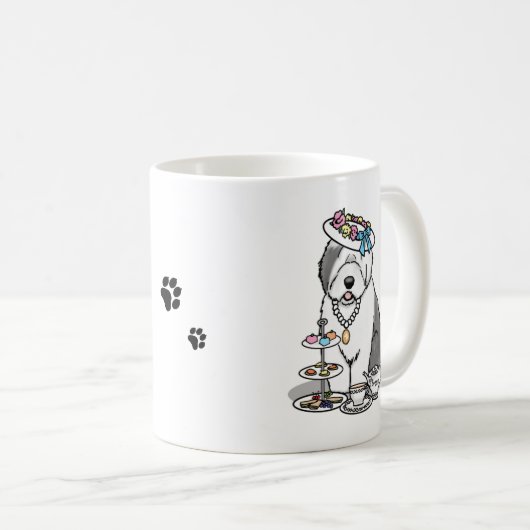 Niedliches Girly Tea Party Altes Englisch Sheepdog Kaffeetasse (VorderseiteRechts)