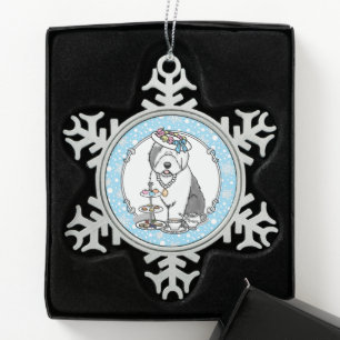 Niedliches Girly Tea Party Altes Englisch Sheepdog Schneeflocken Zinn-Ornament