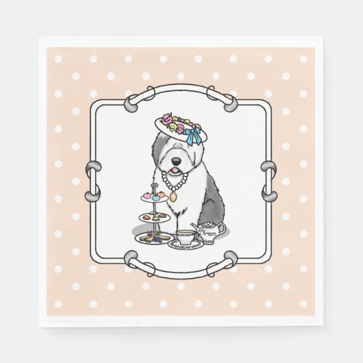 Niedliches Girly Tea Party Altes Englisch Sheepdog Serviette (Vorderseite)
