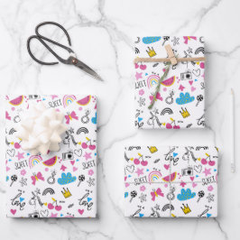 Niedliches Girly Unicorn Regenbogen Herz farbiges  Geschenkpapier Set