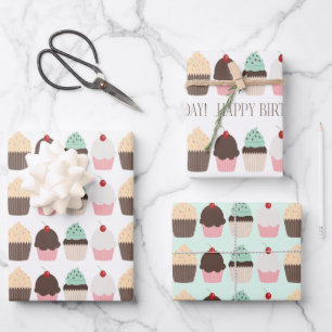 Niedliches Glück Geburtstag Cupcakes Geschenkpapier Set