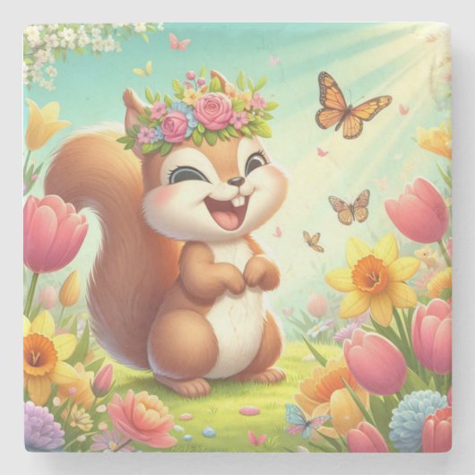 Niedliches, glückliches Eichhörnchen Steinuntersetzer (Vorderseite)