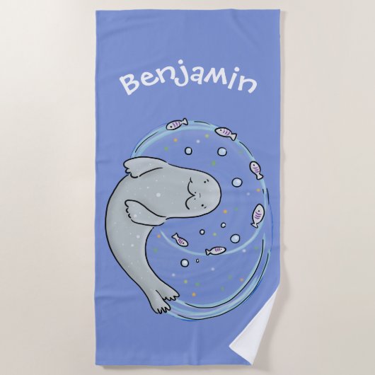 Niedliches glückliches Siegel und Cartoon in Fisch Strandtuch (Vorderseite)