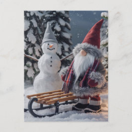 Niedliches Gnom in Santa-Kleidung mit Schlitten Postkarte