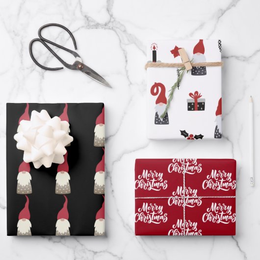 Niedliches Gnome Black and Red Christmas Geschenkpapier Set (Vorderseite)