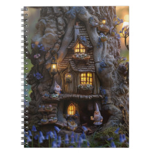 Niedliches Gnome-Haus in einem Baum Notizblock
