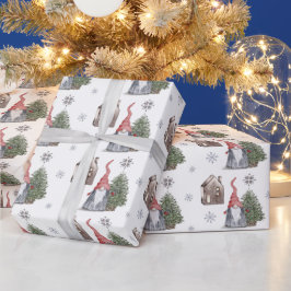 Niedliches Gnome House Tree Stars Muster Weihnacht Geschenkpapier