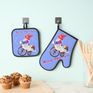 Niedliches Gnome mit Bike und Geschenk Weihnachten Ofenhandschuh & Topflappen-Set