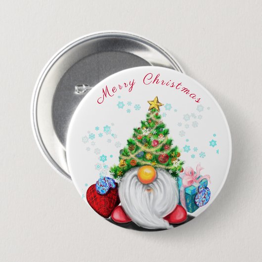 Niedliches Gnome mit Weihnachtsbaumhut und Geschen Button (Vorne & Hinten)