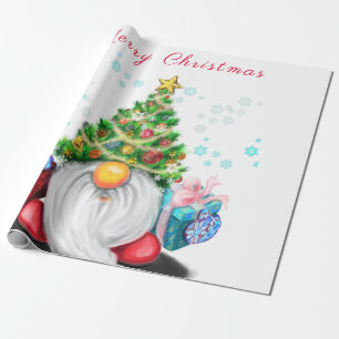Niedliches Gnome mit Weihnachtsbaumhut und Geschen Geschenkpapier